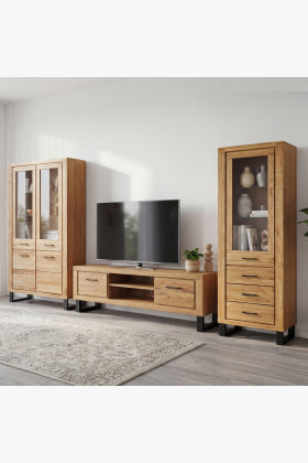 Martina tölgy nappali fal tömörfa és furnér TV-komóddal, vitrinek